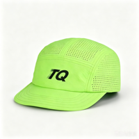 Custom 5-panel hardloopcap van gerecycled polyester, limoengroen, korte klep, campinghoed, unisex, siliconen logo, trail, sportief, gestippeld, ademend