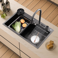 Évier de cuisine intelligent en acier inoxydable 304 de couleur noire avec affichage numérique, cascade de pluie, lave-gobelets pour la maison