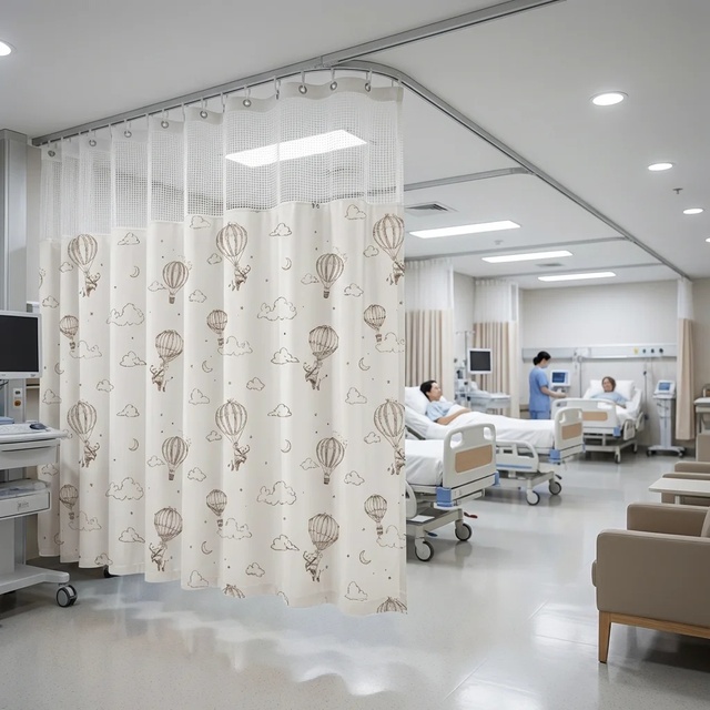 Medical Grade Antibacterial Flame Retardant Privacy Fabric with Ceiling Mounted Track System Rails Hospital Curtain
