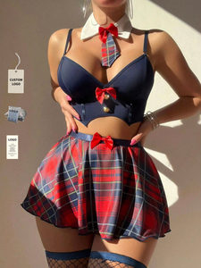 Ensemble de lingerie érotique, uniforme scolaire cosplay, tenue avec mini-jupe à carreaux, vêtements de nuit, ensemble de lingerie sexy cosplay pour femmes - Product Image 1