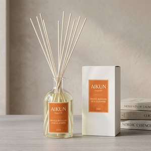 Aikun 250ml Clear Round Glass <b>Bottle</b> Sticker Ivory Box Low Moq Custom Scent Long Lasting <b>Reed</b> <b>Diffuser</b> Set for Online Sellers - Product Image 1