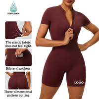 Combinaison athlétique pour femme à manches courtes, zippée sur le devant, longueur genou, effet push-up, séchage rapide, en Spandex/Nylon, col rond, couleur unie