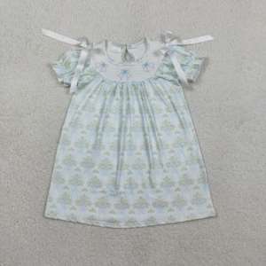 Robe GSD3046 RTS pour bébé fille, à fleurs, avec nœuds, rayures, manches à volants, respirante, longueur genou, imprimé floral, vente en gros - Product Image 1