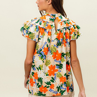 Boho Chic col roulé Bloom imprimé hauts fleur graphique manches superposées Blouse motif fleuri Smock bouton dos chemise à manches volantées