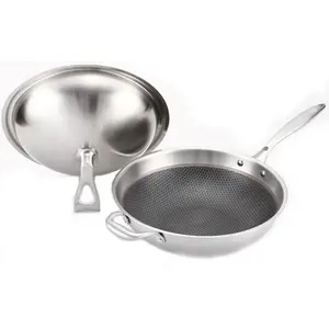 3laags Honingraat Antiaanbaklaag Roestvrij Staal 304 Chinese Wokpan Afmeting 30Cm 32Cm 36Cm Voor Thuis Koken