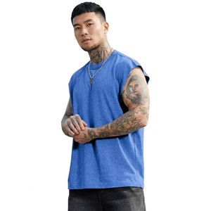 เสื้อกล้ามคอกลมแขนกุดผู้ชาย สีน้ำเงินล้วน ผ้าฝ้าย ใส่สบายทุกฤดู - Product Image 4