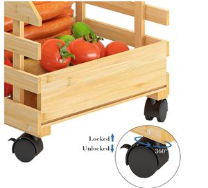 Panier <span class=keywords><strong>à</strong></span> fruits en bambou personnalisé chariot de stockage de pommes de terre et d'oignons, stockage de légumes en bois <span class=keywords><strong>à</strong></span> 3 niveaux avec roues pour sol de cuisine - Product Image 4