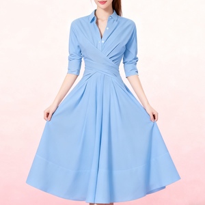 เดรสลำลองแขนยาวสีพื้นผูกเอวทรงเข้ารูปคอปกสำหรับฤดูร้อนแฟชั่น - Product Image 5