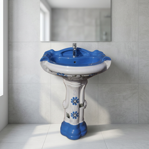Lavabo de Pedestal de Cerámica Estilo Mármol Azul, Lavabo Grande Ecológico para Baño - Product Image 3