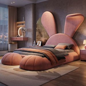 Letto per Bambini di Lusso con Design a Coniglio Cartoonesco, Moderno e Minimalista, Multifunzionale, in Legno Massello Rivestito in Tessuto - Product Image 1