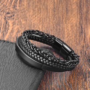 Multi-Layer Braided <b>Leather</b> Bar <b>Bracelet</b> with Non-Fading 316L Stainless Steel PVD Gun Black Wheat Chain & Magnetic Clasp for Men - Product Image 4