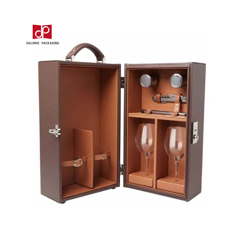 Özelleştirilmiş kolu lüks likör hediye ambalaj High-end el yapımı PU deri şarap şişesi ambalaj kutusu ile özel LOGO