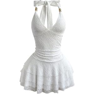 Robe mini dos nu sans manches en dentelle respirante pour femme, style licou, à volants superposés, coupe moulante, taille naturelle, idéale pour les soirées d'été - Product Image 1