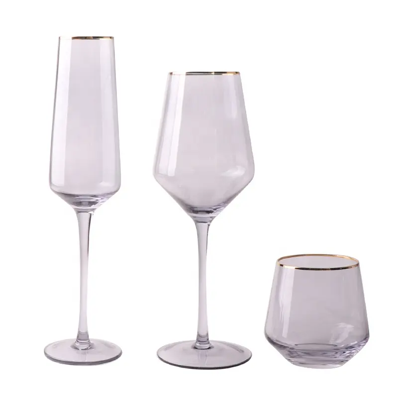 Telsen özelleştirilmiş toptan Vintage gri altın jant şarap bardağı şampanya flüt kadehler sapsız Tumbler gözlük