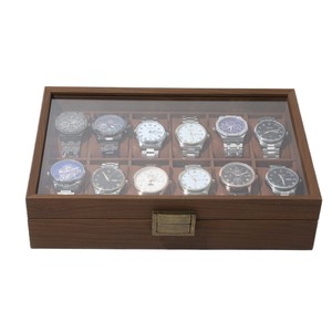 Usine Vente Directe <span class=keywords><strong>Vintage</strong></span> 12 Fentes En Bois De <span class=keywords><strong>Noyer</strong></span> Foncé Montre Organisateur Boîte avec Couvercle En Verre - Product Image 2