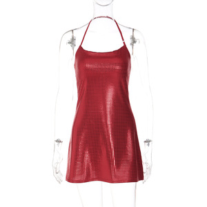 เดรสสั้นผู้หญิงแบบผูกคอ ลายตารางเมทัลลิก พิมพ์ลายฟอยล์สี่เหลี่ยมวิบวับ เปิดหลัง สำหรับงานปาร์ตี้ แฟชั่น - Product Image 5