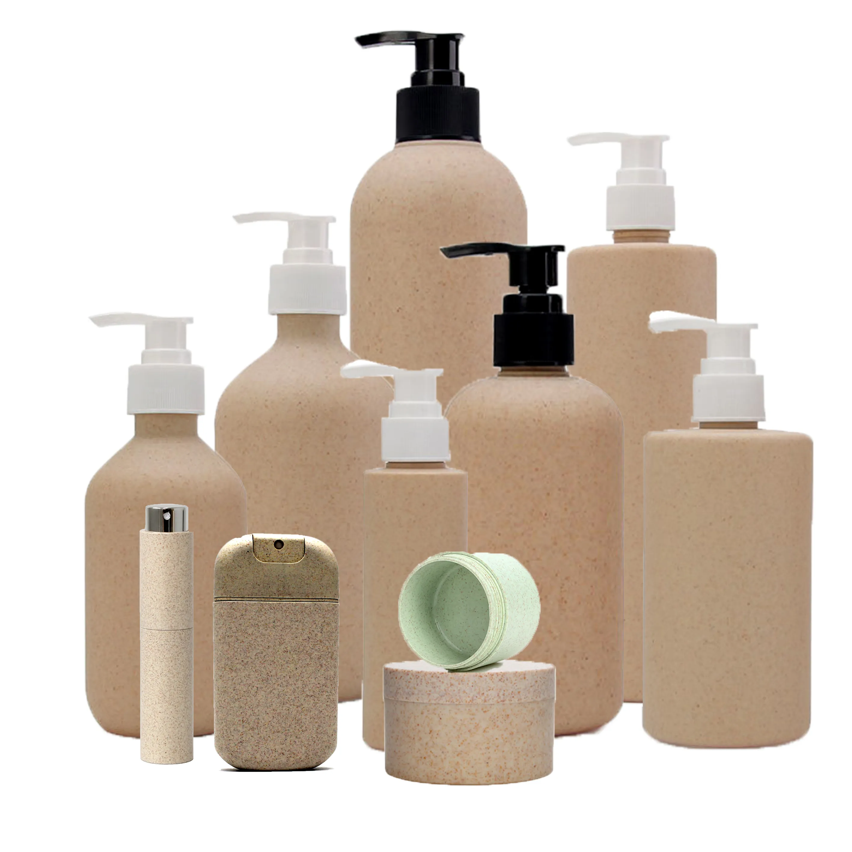 Biologisch Afbreekbare 250Ml Cosmetische Container Set 500Ml Tarwe Stro Plastic Verpakking Set Ronde 300Ml Cilinder Shampoo Fles Met pomp