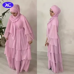 Wholesale Dubai Turkey Oman Elegant Chiffon Kimono For Abaya With 3 Buttons Women Muslim Dress 3 Layers Chiffon Open Abaya