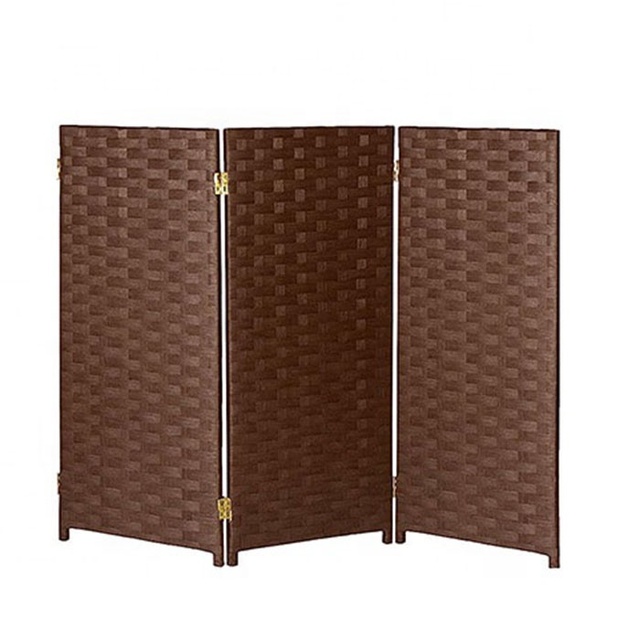 3 Panel 175cm Tall Folding Privacy Screen Poplar Wood Bamboo Strip Paper Rope Dark Mocha Folding Screen for Room Partitions