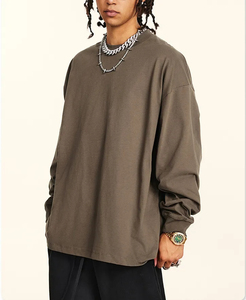 Camiseta de manga larga con estampado personalizado para hombre, Camiseta básica de cuello redondo, camiseta de manga larga de gran tamaño con hombros caídos de algodón - Product Image 2