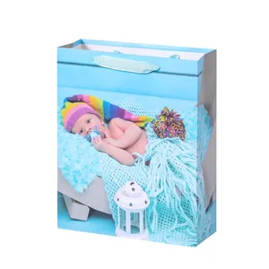 可爱粉色蓝色可爱纸袋男孩女孩洗礼婴儿淋浴装饰儿童青睐甜蜜生日派对礼包带丝带