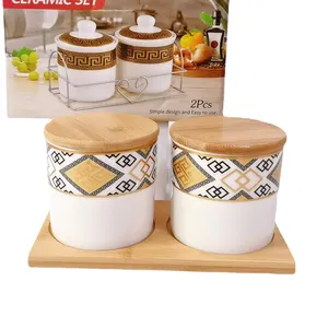 Exportação transfronteiriça saudita cerâmica selada Jar Kitchen armazenamento frascos com tempero de madeira conjunto atacado produtos