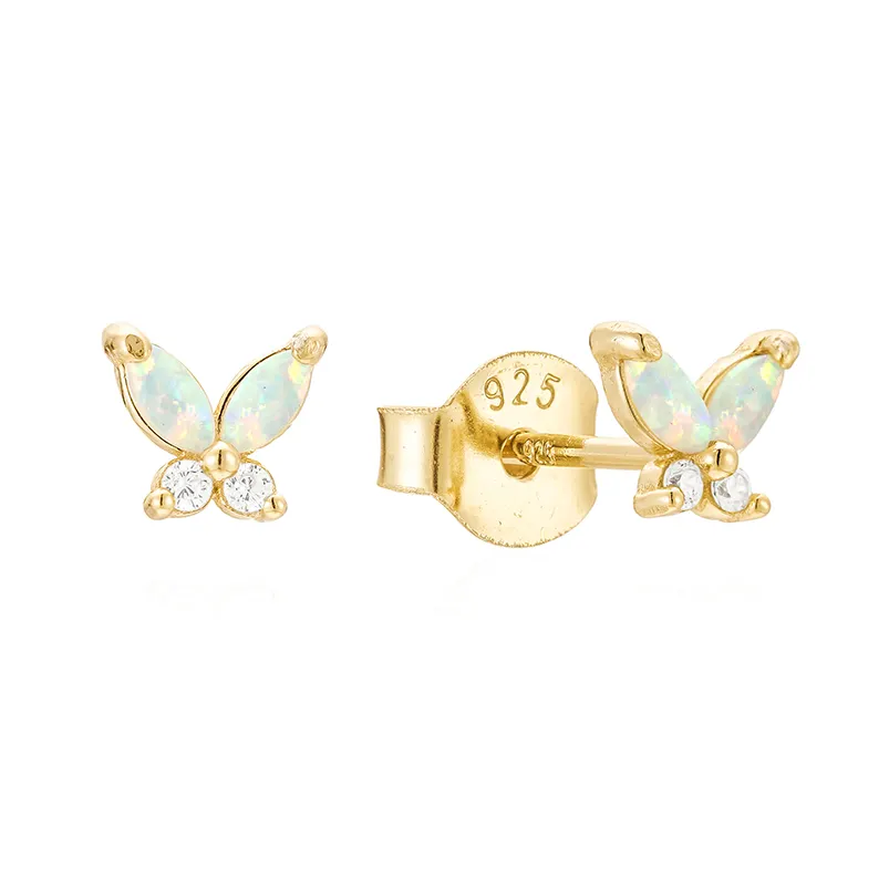 Gemnel daily wear 925 sterling silver 18k gold plated opal diamond butterfly studs earring