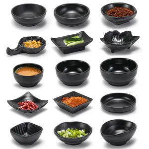 Nordic 100% Melamine square round sushi serving set soy sauce dishes matt black dinnerware sets for sushi
