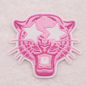 Topi Patch kustom bordir Masker Preppy mata bintang maskot merah muda dengan Patch macan tutul besi pada lencana untuk topi