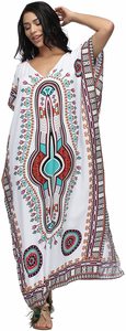 Robe longue blanche à imprimé ethnique pour femmes, col en V profond, robe de plage d'été - Product Image 2