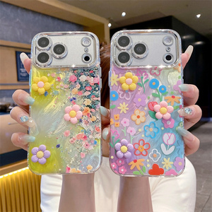 Funda de Teléfono con Flores 3D Arcoíris para iPhone 17 16 15 14 13 Pro Max, con Purpurina, Degradado, Brillante, IMD, DIY, Cubierta Trasera de Cristal para Lente - Product Image 1