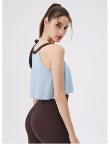 Débardeur de sport pour femme 2-en-1 avec nœud papillon, superposition en maille, séchage rapide, extensible, rembourré, pour fitness et yoga, sans manches, coupe courte, vente en gros - Product Image 2