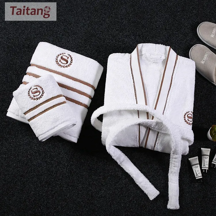 Taitang होटल Linens सफेद टेरी स्नान बागे होटल घुटने की लंबाई बाथरोब और तौलिया सेट