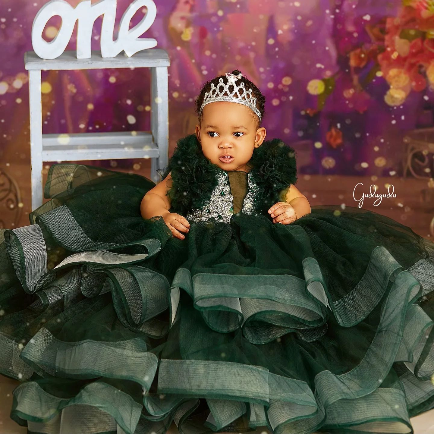 Dark Green Girls Dress - Knee-Length Ball Gown, Summer