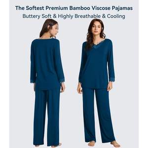 Ensemble de pyjama en viscose de bambou pour femmes, manches longues, dentelle, pantalon de détente avec poches, taille plus S-4X - Product Image 2