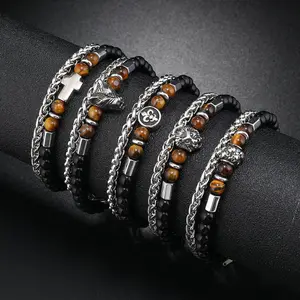 Natural Stone Beads Cross Skull Lion Charm Bracelet Stainless Steel Clasp Custom Design Bracelets Jewelry For Men