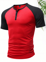Camiseta de Punto Formal Holgada con Cuello Redondo en Contraste Rojo y Negro para Hombre, 220g, Estampada, Moda Casual, Manga Corta