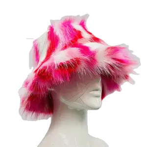 CY Fashion Designer Party Print Wide Brim Fluffy Faux Fur Warm Winter Bucket Hats For Women