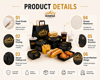 Emballages à emporter HONPAK noirs avec logo personnalisé, boîtes à hamburgers, sacs en papier avec poignée et gobelets pour boissons chaudes pour les dîners