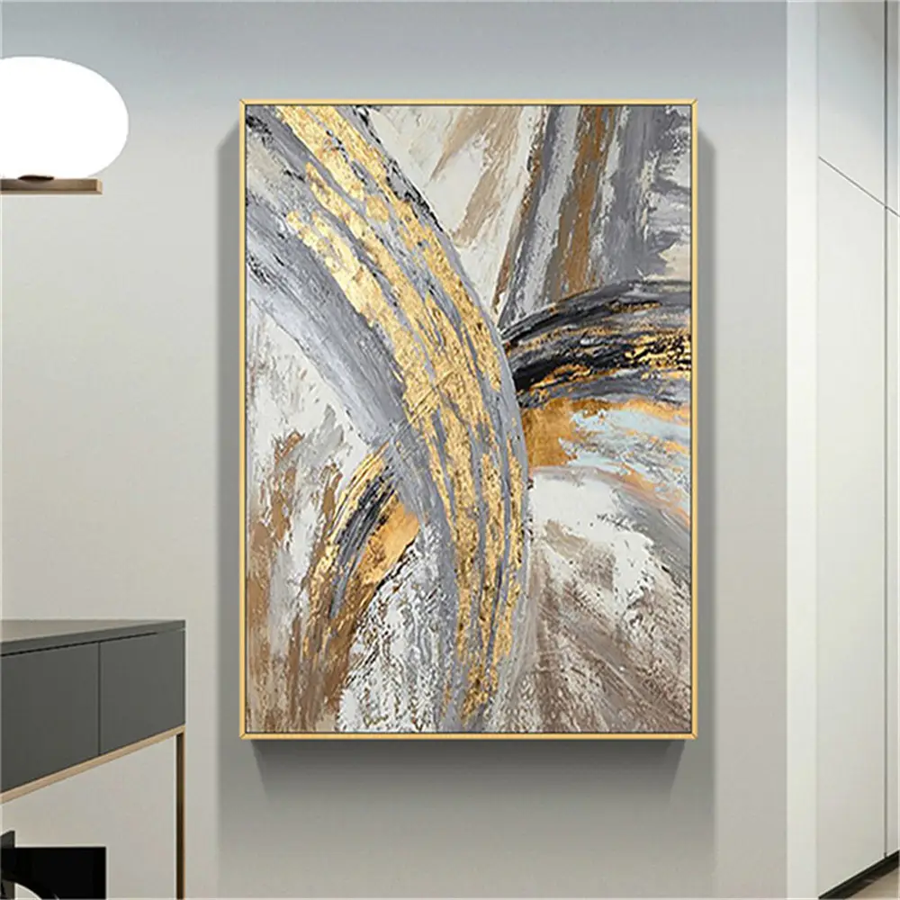 100% Hand Painted Gold Mural Abstract Line Canvas modern oil painting wall picture
