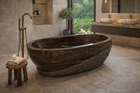 Baignoire autoportante moderne en marbre brun naturel, écologique, portable, pour usage intérieur en villa, avec drainage automatique, en pierre naturelle