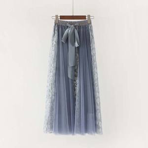 꽃 자수 A 라인 투투 레이스 메쉬 스커트 여성 우아한 얇은 명주 그물 롱 플리츠 스커트 여성 미디 스커트 여름 - Product Image 4