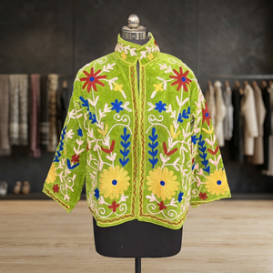 Handmade Green <b>Velvet</b> Floral Embroidered <b>Jacket</b> Designer <b>Women</b> Open Front Short Coat Kashmiri Style Festive Winter Outerwear - Product Image 6