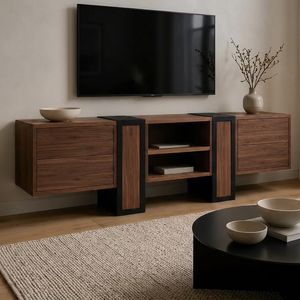 Mueble de TV Moderno Industrial de Nogal con Estructura Metálica, 4 Cajones y Estante Abierto, Consola de Almacenamiento Multimedia para Sala de Estar, Proveedor de Muebles - Product Image 1