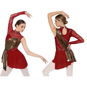 Robes de patinage artistique asymétriques à une manche en maille ornée de strass pour filles, avec ceinture dorée, costume de danse de compétition personnalisé - Product Image 2