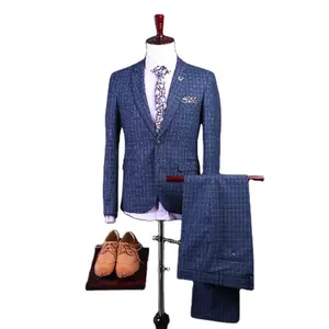 Özel bir düğmeler mavi küçük ekose erkekler takım elbise erkek düğün Suit (ceket + pantolon) NA17 erkek ekose takım elbise