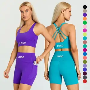 5697 bayan Yoga Athleisure giymek lulu renk şort takımı çapraz geri nefes çapraz geri spor spor sutyen Biker poc ile şort takımı