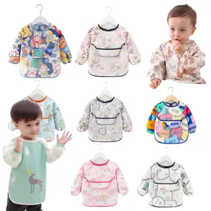 Factory wholesale low price bibs waterproof feeding long sleeve cute patterns full print lace-up bibs for baby boys baby girls