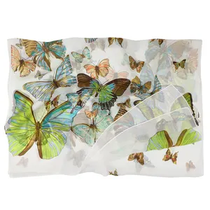 Customised White Digital Printing Butterfly Sheer Scarfs Wholesale Long Polyester Chiffon Scarf for Women