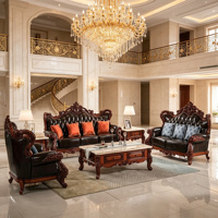 Ensemble de canapés en bois massif sculpté à la main de style baroque européen de luxe, en cuir véritable noir, avec table basse en marbre, meubles de salon